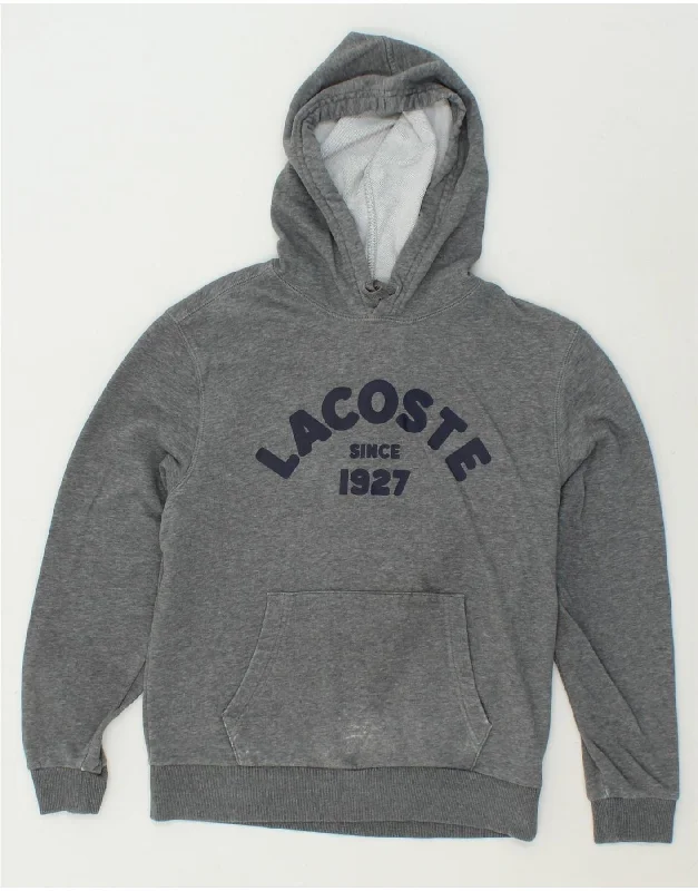 Online Only LACOSTE Womens Graphic Hoodie Jumper Size 34 Small Grey Cotton