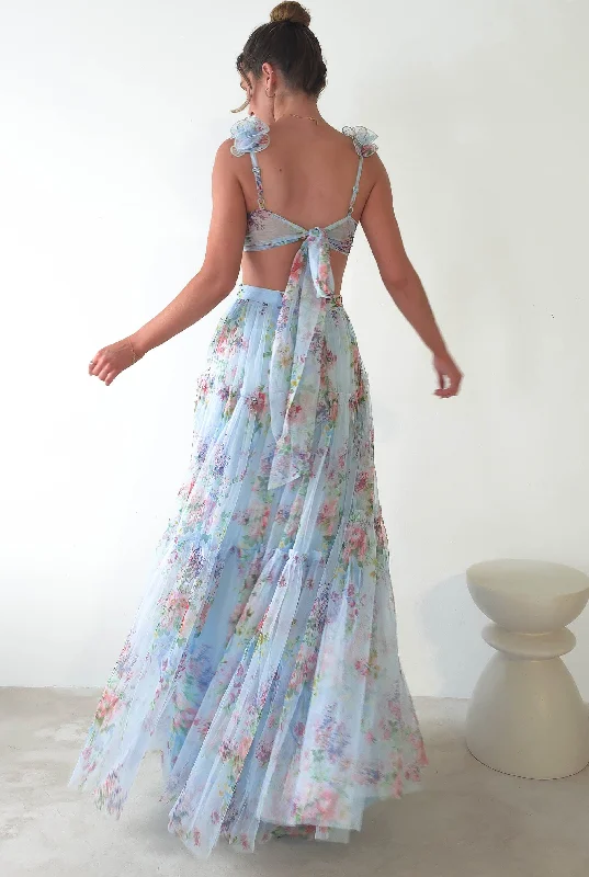 Today Only Alma Floral Print Tulle Maxi Dress | Blue