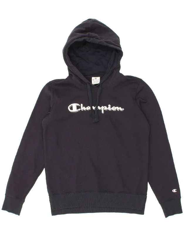 Loyalty Reward CHAMPION Womens Graphic Hoodie Jumper UK 14 Medium Navy Blue Cotton