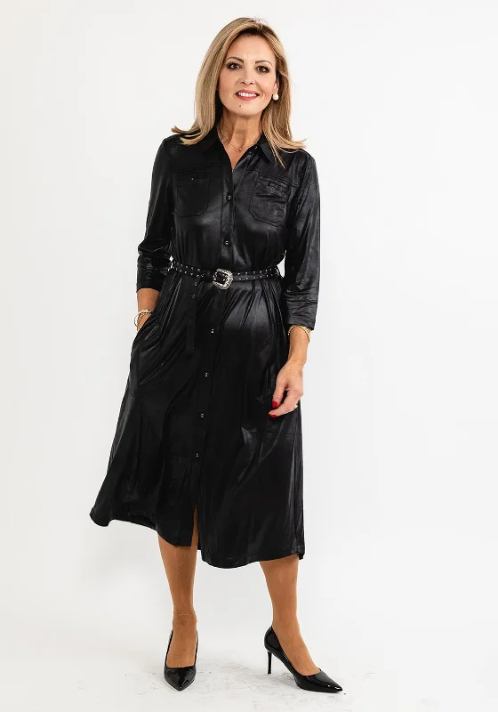 Midnight Madness Eva Kayan Leather Look Midi Shirt Dress, Black