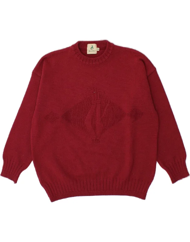 Flash Deals VINTAGE Womens Graphic Crew Neck Jumper Sweater UK 14 Medium Red Wool