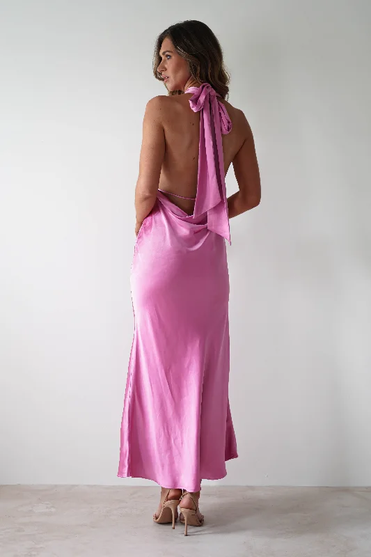 Doorbuster Deal Kaylah Satin Halter Neck Maxi Dress | Bright Pink