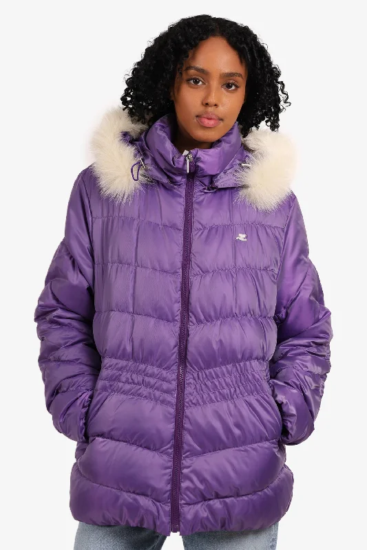Act Now Courrèges Purple Down Coat With Faux Fur Trim Hood Est. Size M