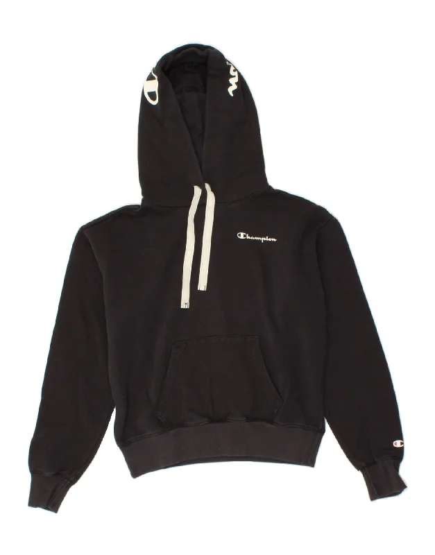 New Arrival CHAMPION Womens Oversized Crop Graphic Hoodie Jumper UK 10 Small Black