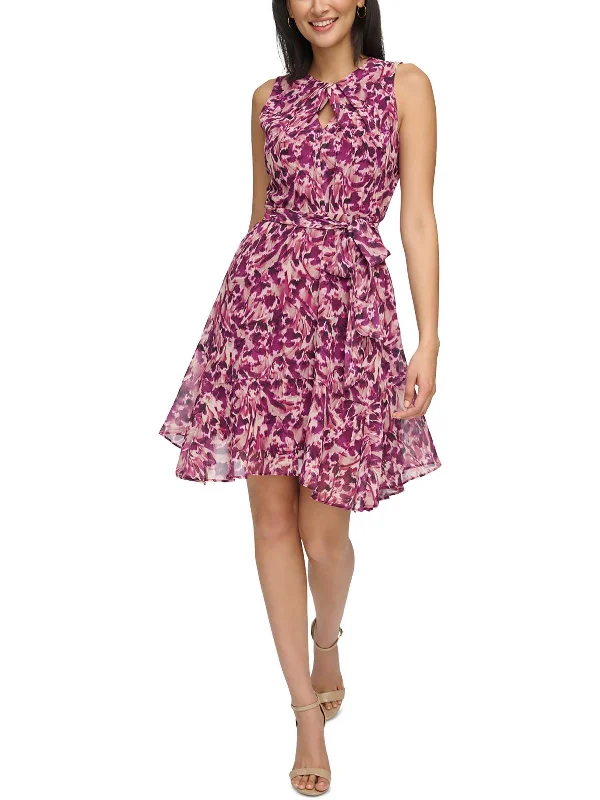 Value Deals Petites Womens Printed Chiffon Fit & Flare Dress