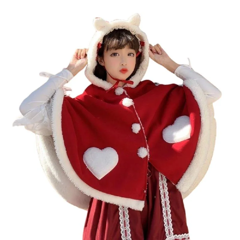Daily Deals Sweet Heart Cloak with Cat Ear & Wings Hooded Cape Shawl Wrap Women's Cape Cute Shawl Lolita Autumn Fall Female Kawaii Harajuku