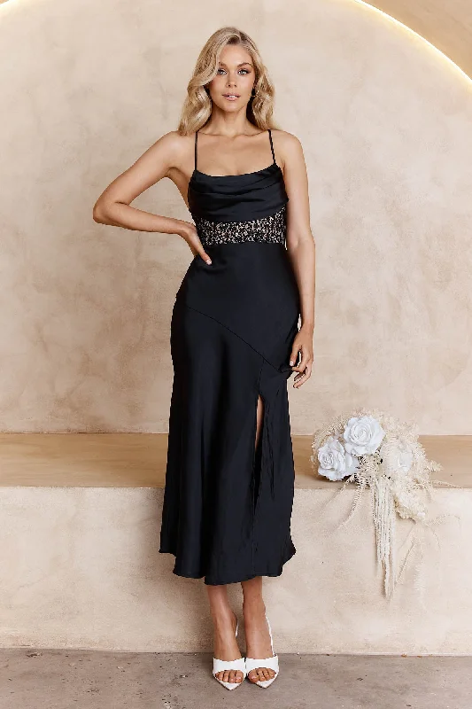 Super Bargain Golden Era Cowl Neck Lace Waist Midi Dress Black