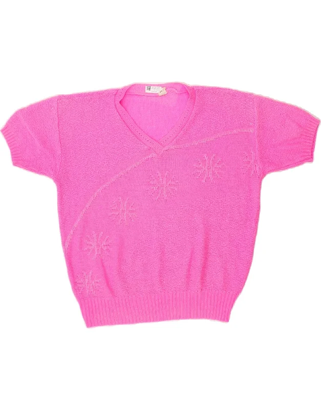 Extra Savings VINTAGE Womens Short Sleeve V-Neck Jumper Sweater UK 14 Large Pink