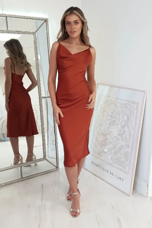 Price Reduction Natalie Satin Cowl Neck Midi Dress | Rust