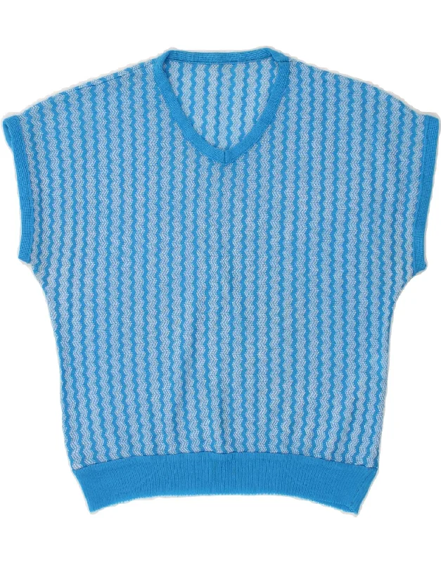 Seasonal Clearance VINTAGE Womens Short Sleeve V-Neck Jumper Sweater IT 44 Medium Blue Seasonal Clearance VINTAGE Womens Short Sleeve V-Neck Jumper Sweater IT 44 Medium Blue