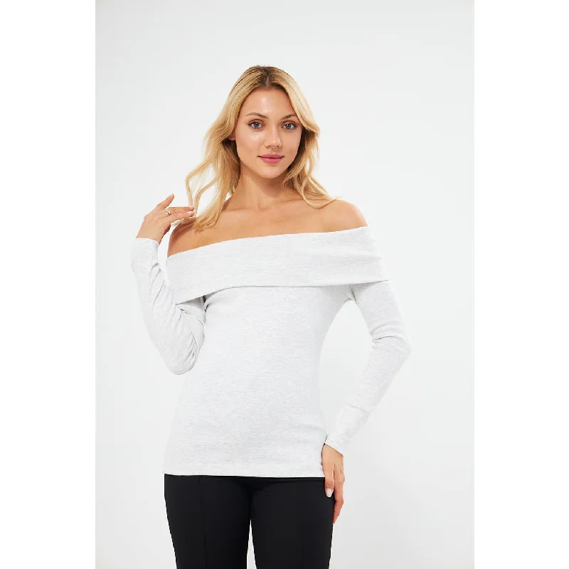 Year-End Clearance Light Grey Rib Off-Shoulder Top