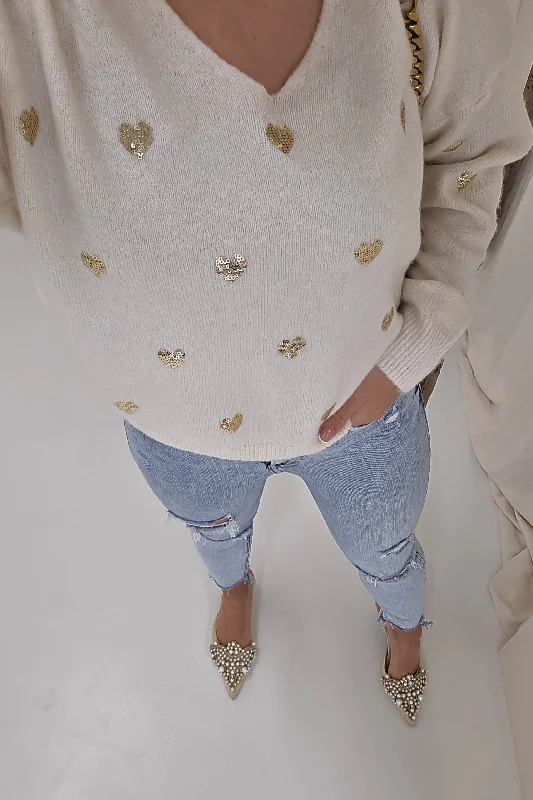 Exclusive Online Offer Pia Sequin Heart Detail Jumper | Beige