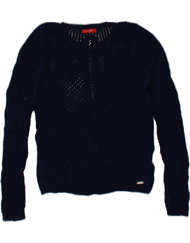 Incredible Offers GUESS Womens Boat Neck Jumper Sweater UK 10 Small Navy Blue Cotton