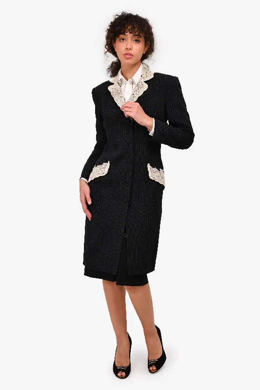 Best Bargains Christian Dior by John Galliano Vintage Black Pinstripe Wool Blazer Dress With Cream Lace Trim Size 6 US