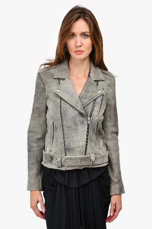 Mega Deal Iro Grey Leather Light Wash Biker Jacket Size 38