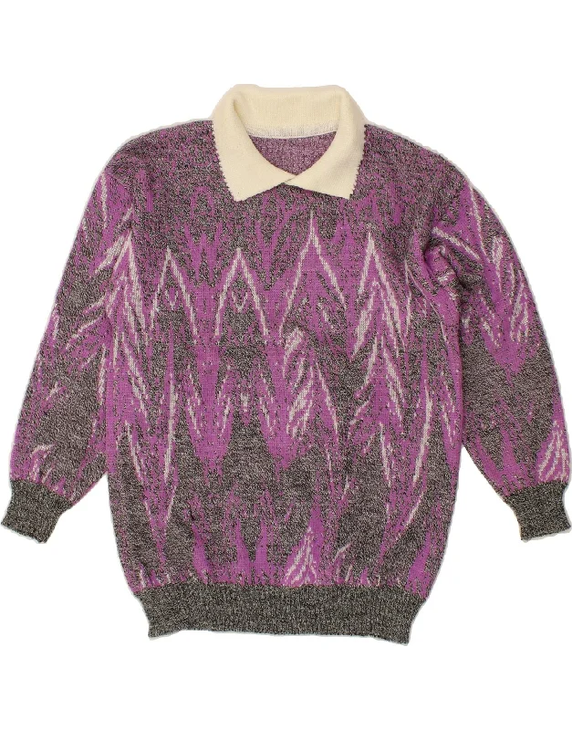 Overstock VINTAGE Womens Polo Neck Jumper Sweater UK 12 Medium Grey Geometric