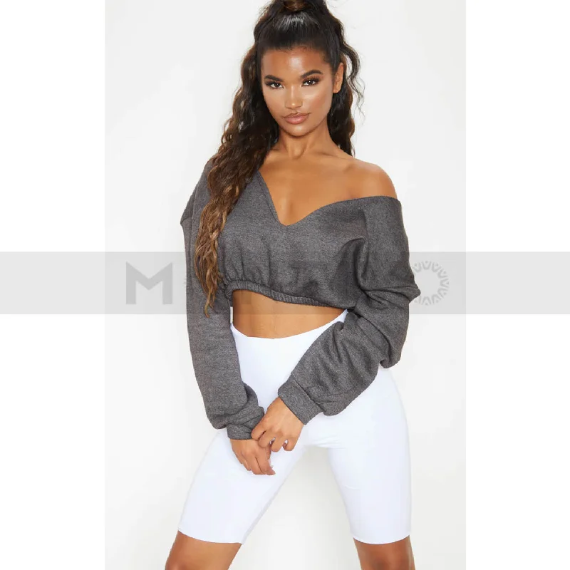 Extra Discounts PTL Charcoal Crop Off Shoulder Sweatshirt