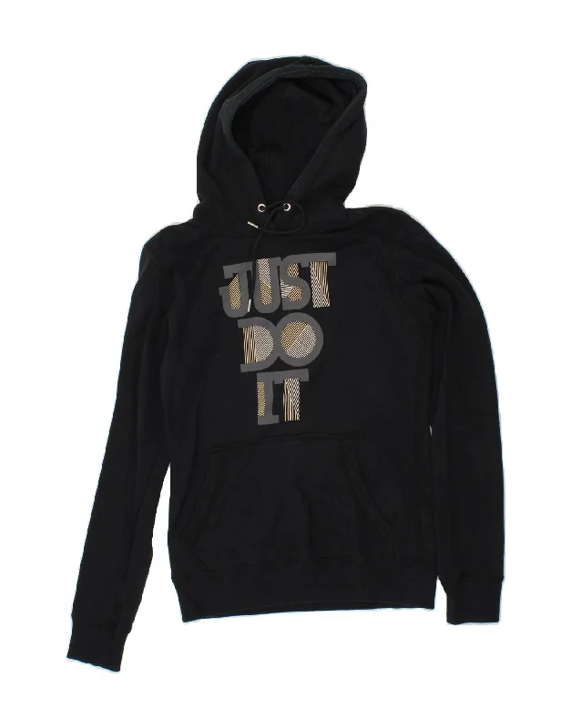 Closeout NIKE Womens Graphic Hoodie Jumper UK 10 Small Navy Blue Cotton
