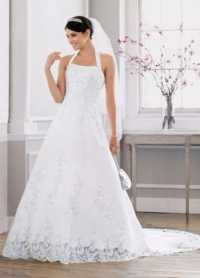 Seasonal Sale David's Bridal Beaded Lace A-line Satin Halter Gown