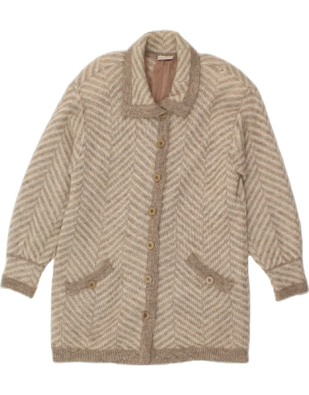 Weekend Flash Sale VINTAGE Womens Longline Cardigan Sweater UK 12 Medium  Beige Chevron