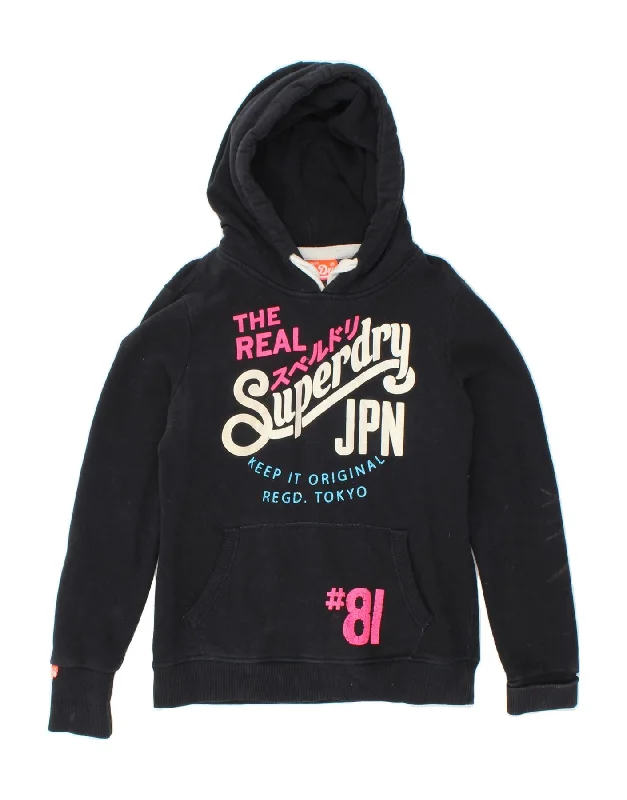 Act Fast SUPERDRY Womens Graphic Hoodie Jumper UK 14 Medium Black Cotton