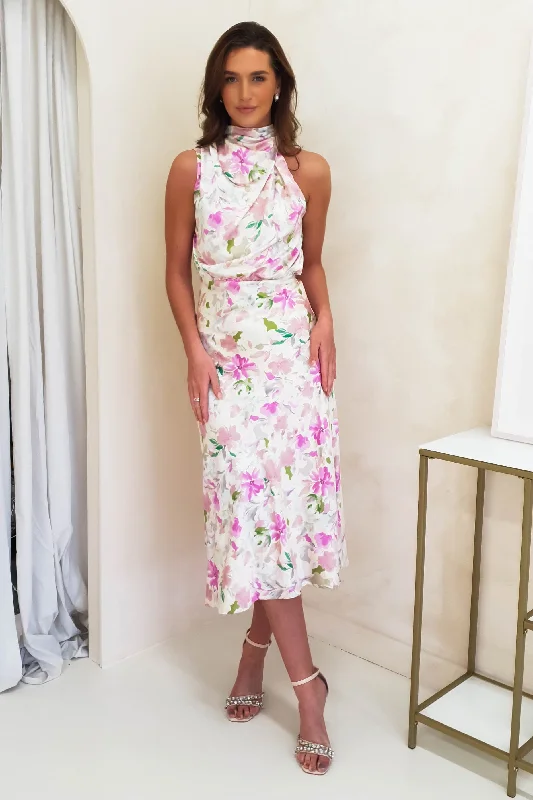 Stock Clearance Layla Satin High Neck Midi Dress | Cream Floral Print