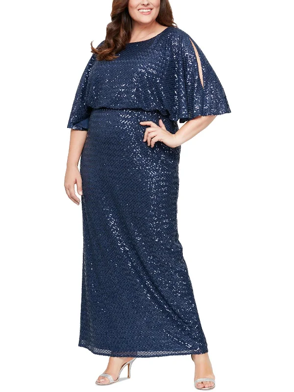 Massive Deals Plus Womens Sequined Mesh Evening Dress