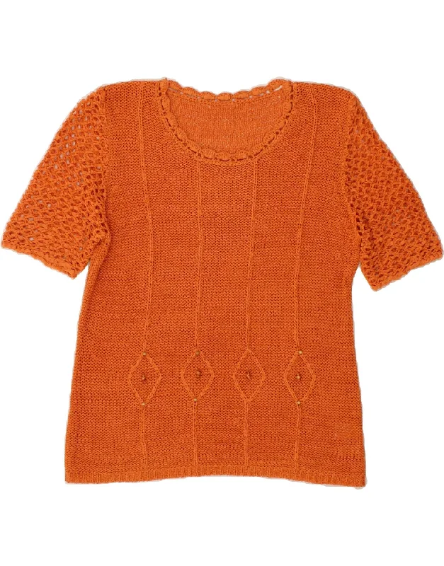 New Markdowns VINTAGE Womens Short Sleeve Crew Neck Jumper Sweater UK 16 Large Orange