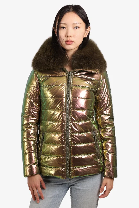Seasonal Sale Yves Salomon Iridescent Puffer Jacket with Faux Fur Trim Size S