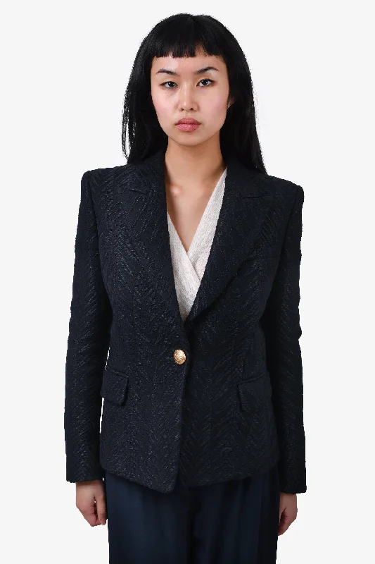 Super Bargain Balmain Navy Textured Single Breasted Blazer Size 38