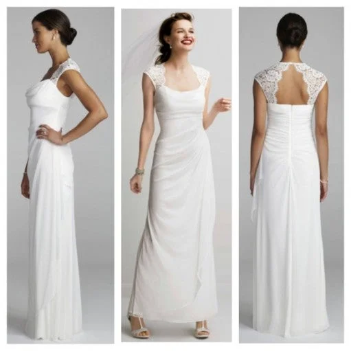 Deal Explosion David's Bridal Cap Sleeve Long Jersey Dress With Lace Detail