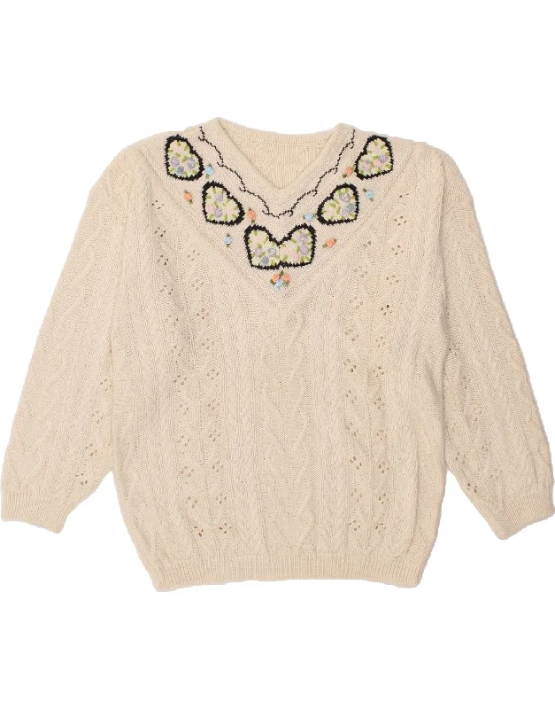 Limited Availability VINTAGE Womens V-Neck Jumper Sweater UK 16 Large White Floral