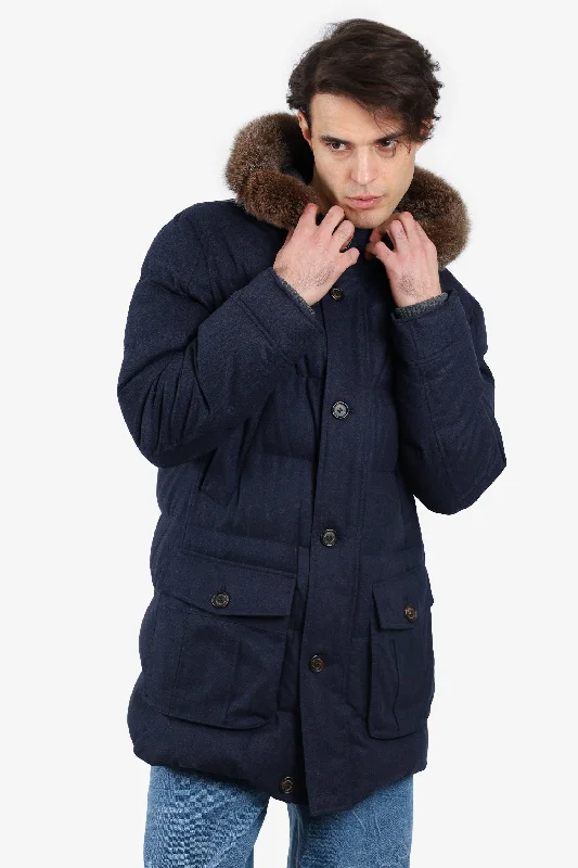 Special Price Brunello Cucinelli Navy Puff Jacket with Fur Line Hood Size XL Mens