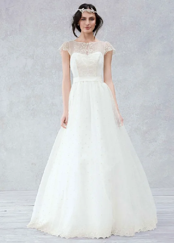 Price Drop David's Bridal Cap Sleeve Gown with Scalloped Detail Bodice