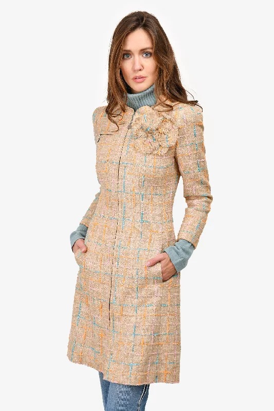 Massive Deals Pre-Loved Chanel™ Spring 2001 Beige/Multicolour Tweed Mid Length Coat with Camellia Brooch Size 40