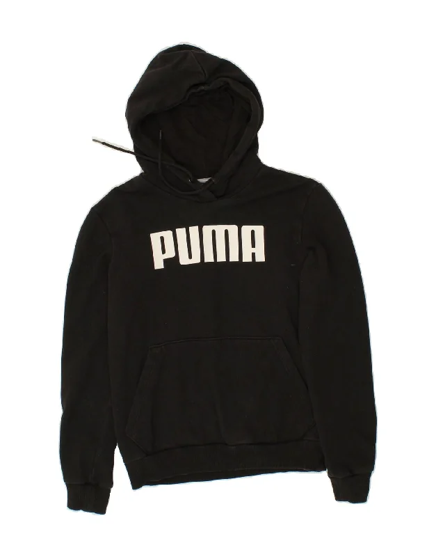 Act Now PUMA Womens Graphic Hoodie Jumper UK 6 XS Black Cotton