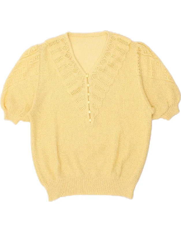 Final Clearance VINTAGE Womens Short Sleeve V-Neck Jumper Sweater UK 14 Medium Yellow Final Clearance VINTAGE Womens Short Sleeve V-Neck Jumper Sweater UK 14 Medium Yellow