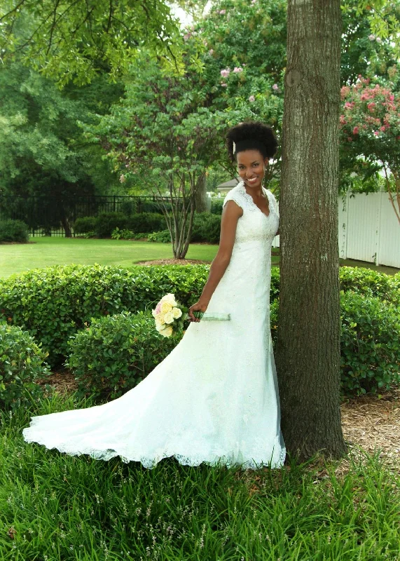 Special Promotion David's Bridal Cap Sleeve Lace Over Satin Gown with Illusion Back