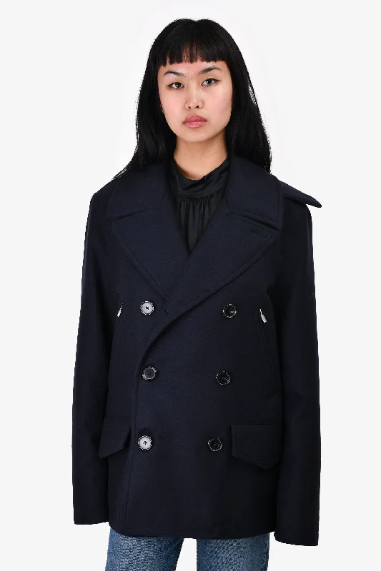 Stock Clearance Hermès Navy Wool Double Breasted Coat Size 48
