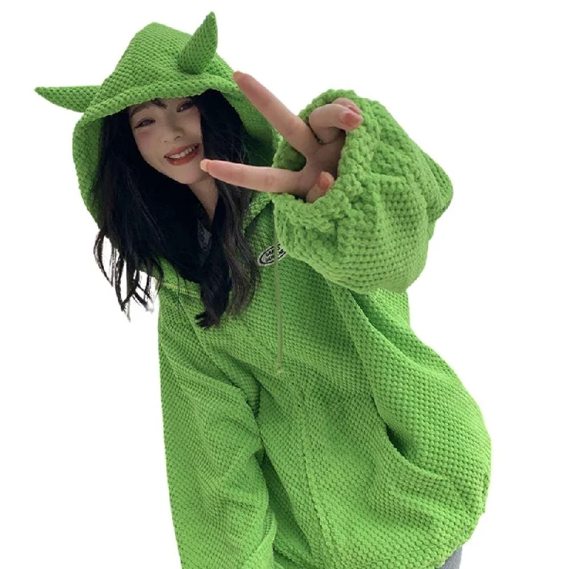 Special Promotion Devil Horn Hooded Popcorn Texture Flannel Jacket: Ideal for the stylish devil