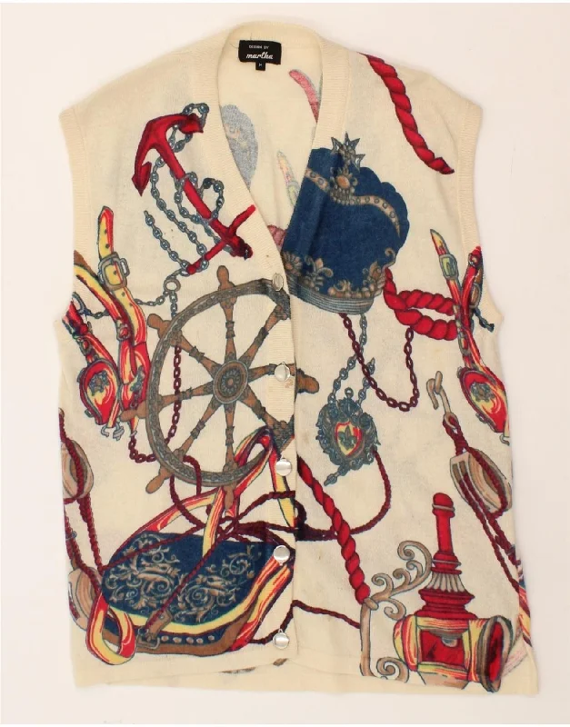 Daily Deals VINTAGE Womens Graphic Sleeveless Cardigan Sweater UK 14 Medium Beige