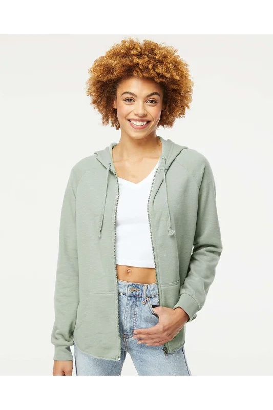 Bonus Savings Independent Trading Co. Womens California Wave Wash Full Zip Hooded Sweatshirt Hoodie w/ Pockets - Sage Green