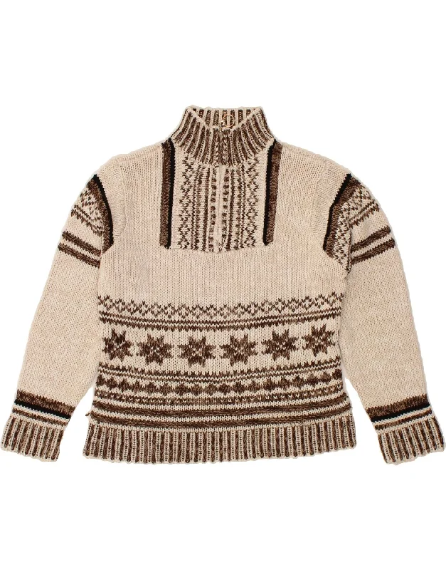 Now or Never RASPBERRY Womens Zip Neck Jumper Sweater UK 14 Large Beige Fair Isle
