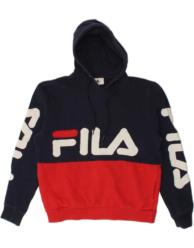 Big Discounts FILA Womens Graphic Hoodie Jumper UK 10 Small Navy Blue Colourblock Cotton