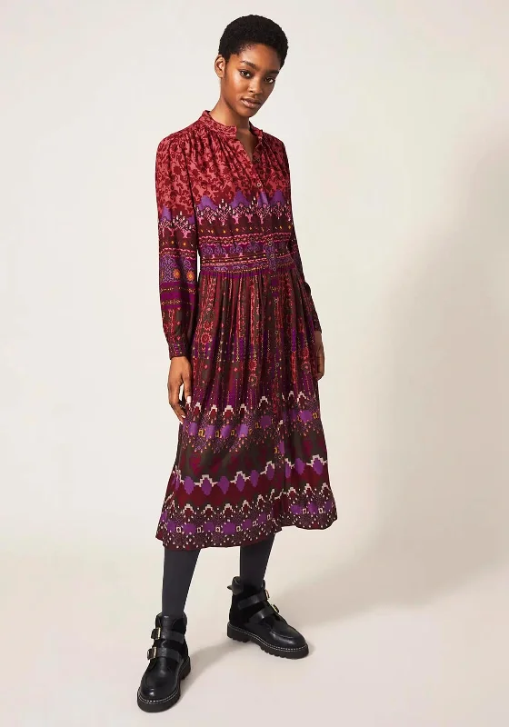 Don't Miss White Stuff Mirabel Print Eco Vero Midi Dress, Plum Multi