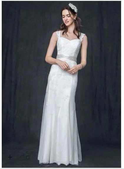 Price Buster David's Bridal Cap Sleeve Lace Wedding Dress with Keyhole Back/