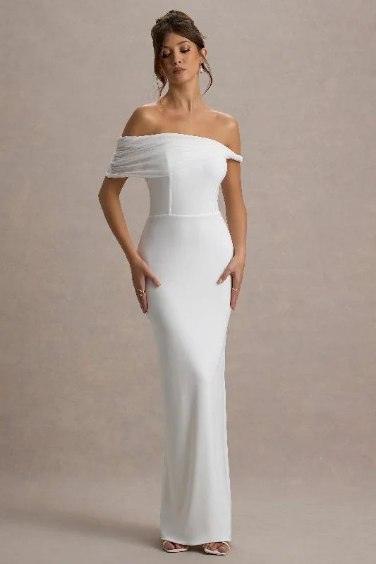 Huge Savings Alonza | White Twisted Bardot Maxi Dress