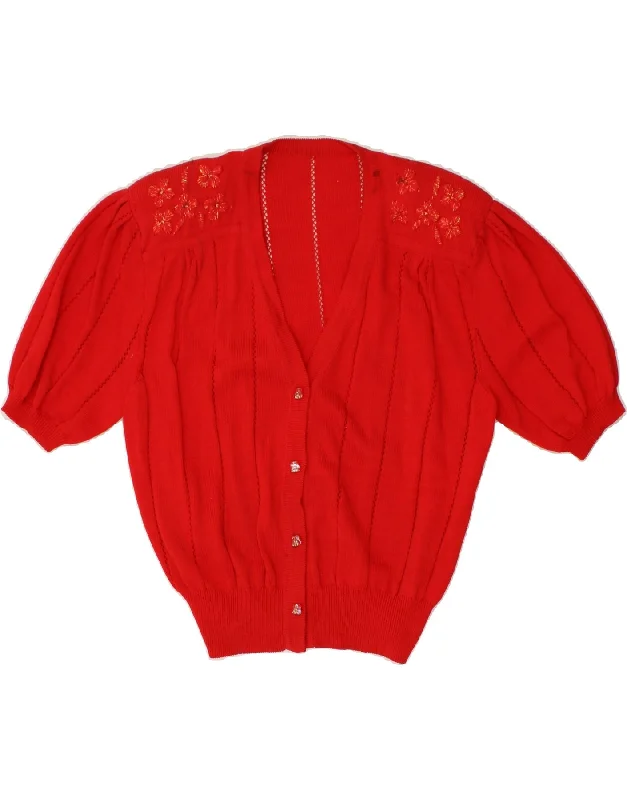 Bargain Prices VINTAGE Womens Short Sleeve Cardigan Sweater UK 16 Large Red Floral