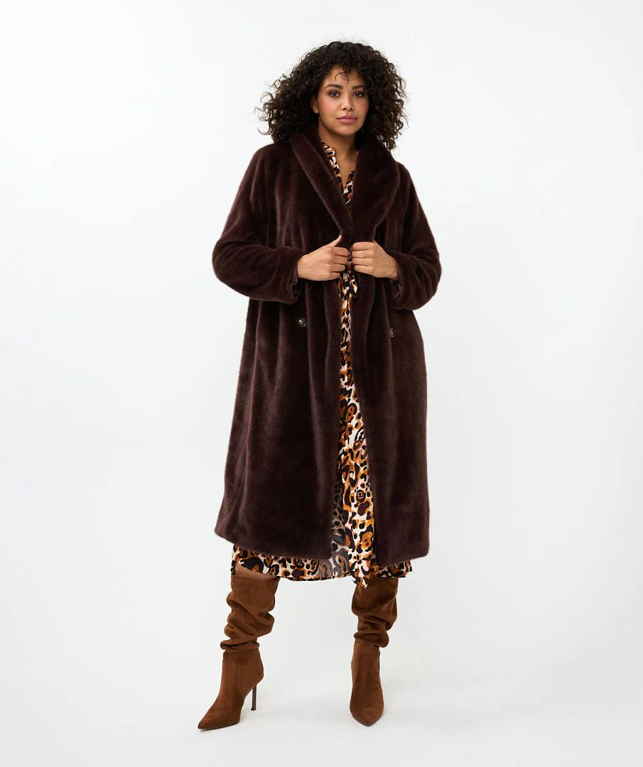 Discount Days Esqualo Chocolate Shawl Collar Faux Fur Coat