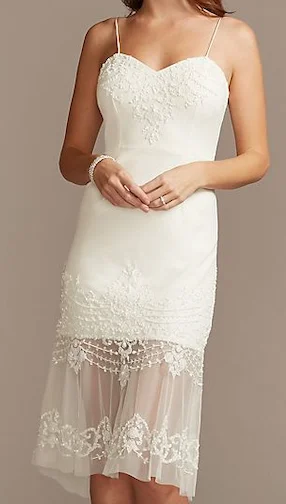 Don't Wait David's Bridal Beaded Crepe Sheath Midi Dress with Sheer Flounce